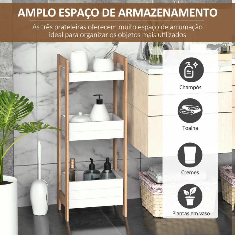 HOMCOM Móvel Auxiliar de banheiro com 3 Prateleiras Organizadoras de Bambu 27,5x20,8x74 cm Cor Branco e Natural