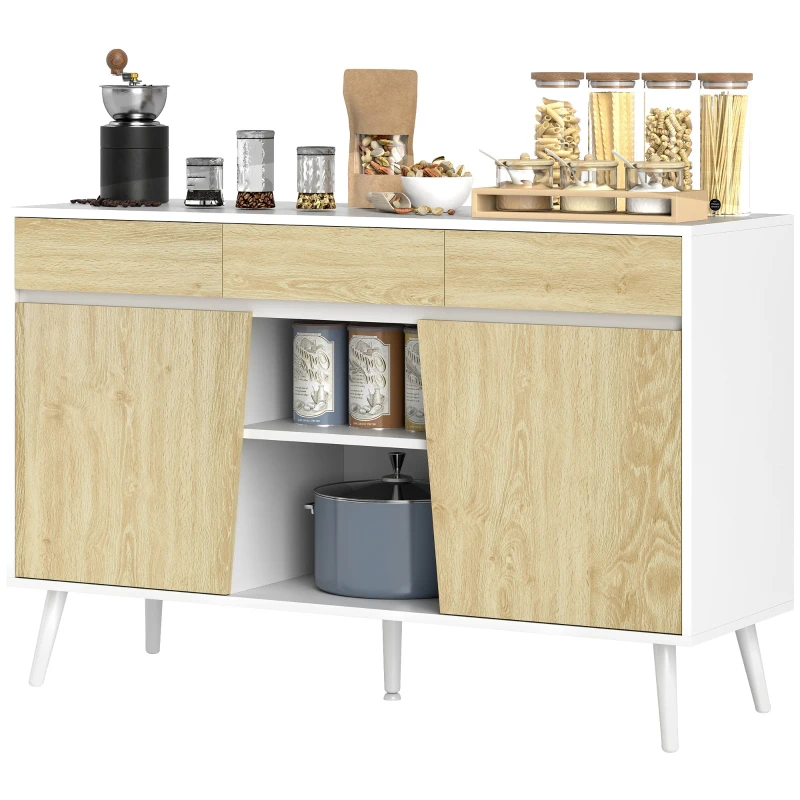 HOMCOM Aparador Moderno con Cajones Estantes Abiertos y Almacenaje Ajustable Para Sala o Comedor 120x39x77 cm Blanco y Natural