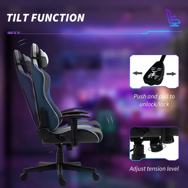 Vinsetto Scaun de Gaming Ergonomic cu Cotiere, Tetieră și Înălțime Reglabile, 66x53x128-138 cm, Albastru