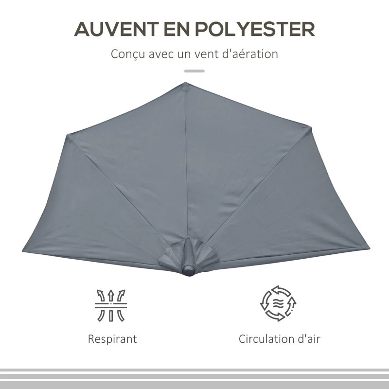 Outsunny Demi-Parasol 2,7 x 1,4 m parasol de balcon avec ouverture fermeture manivelle 5 entretoises, gris
