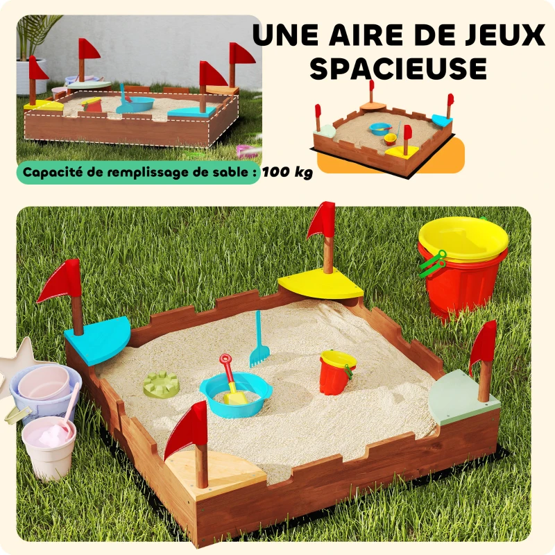 AIYAPLAY Bac à sable en bois pour enfants 3-7 ans avec sièges, drapeaux, sans fond, thème de la muraille, 90 x 90 x 17 cm, marron