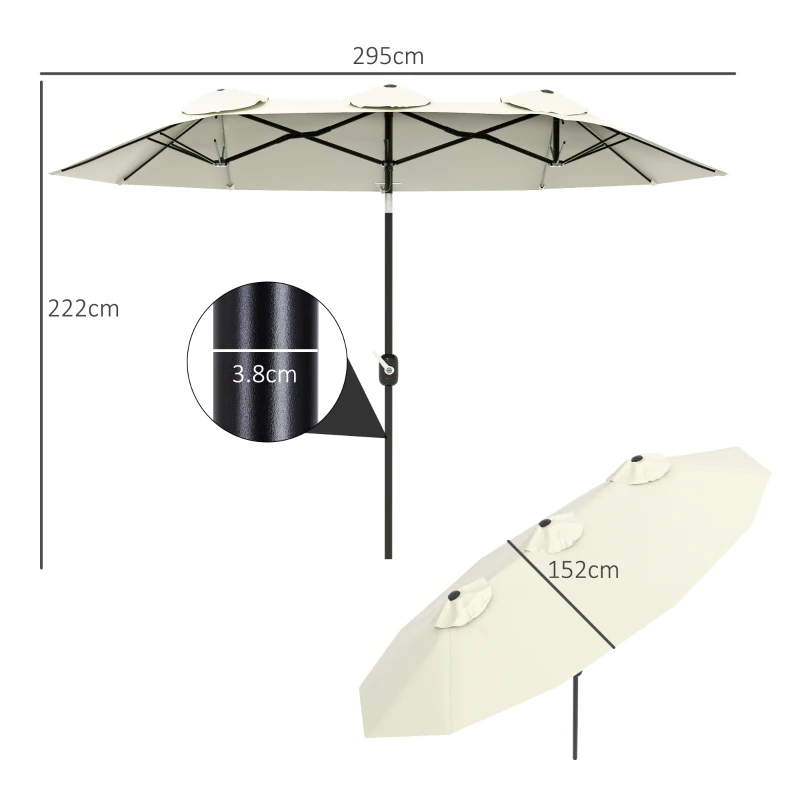 Outsunny Umbrelă de Grădină Dublă Înclinabilă la 45° cu Manivelă si 3 Orificii de Ventilație, 295x152x222 cm, Bej