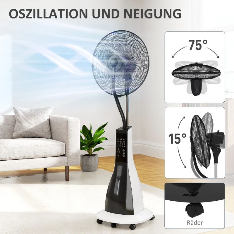 HOMCOM Wentylator z funkcją rozpylania mgiełki, obrotowy o 75 stopni, 3 prędkości, 3 tryby, zbiornik wodny 3L, Czarny+Biały
