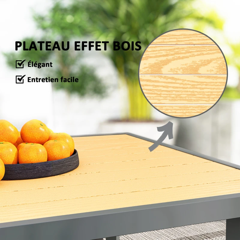 Outsunny Table à manger de jardin pour 6 personnes table de jardin avec plateau effet bois en acier 150 x 90 x 72 cm bois naturel