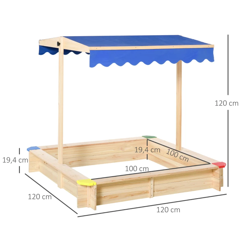 Outsunny Caixa de areia de madeira para crianças com telhado Toldo ajustável Espaçoso 120x120x120 cm para jardim Cor madeira natural