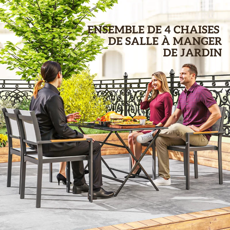 Outsunny Lot de 4 chaises de jardin, chaises de salle à manger avec accoudoirs effet bois cadre en aluminium, gris clair