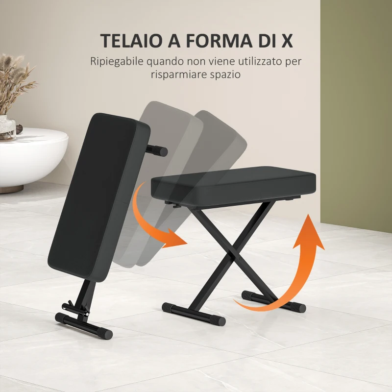 HOMCOM Sgabello per Pianoforte Pieghevole e Regolabile su 4 Altezze, in Pelle PU, Schiuma e Metallo, 60x32x53-63 cm, Nero