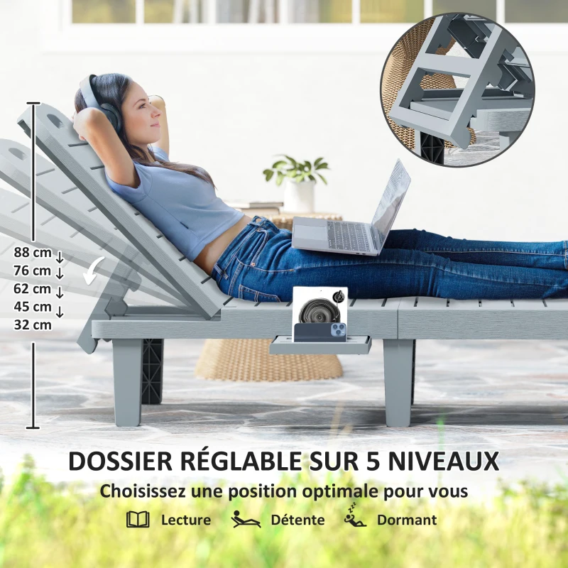 Outsunny Lot de 2 bain de soleil, chaise longue avec plateaux rétractables, inclinable, surface effet bois 62 x 158 x 88 cm, gris
