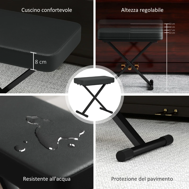 HOMCOM Sgabello per Pianoforte Pieghevole e Regolabile su 4 Altezze, in Pelle PU, Schiuma e Metallo, 60x32x53-63 cm, Nero