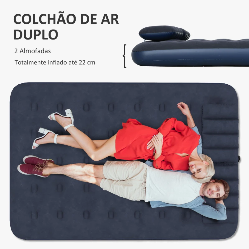 Outsunny Colchão Insuflável Duplo 191x137x22 cm com Inflador Manual Colchão Insuflável Reforçado com 2 Almofadas Integrada Azul