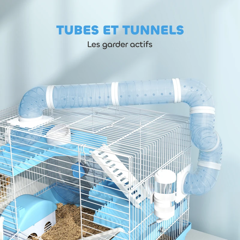 PawHut Cage pour hamster portable avec cabane, roue de course, gamelle, bouteille d'eau, 47,5 x 31,5 x 29,5 cm, bleu clair