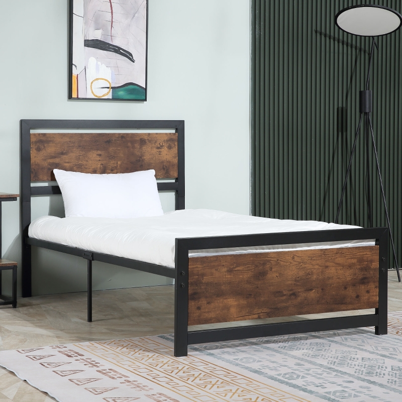 HOMCOM Single Size Metal Bed Frame with Headboard & Footboard, Strong Slat Support Solid Bedstead Base w/ Underbed Storage Space, Bedroom Furniture For Adults