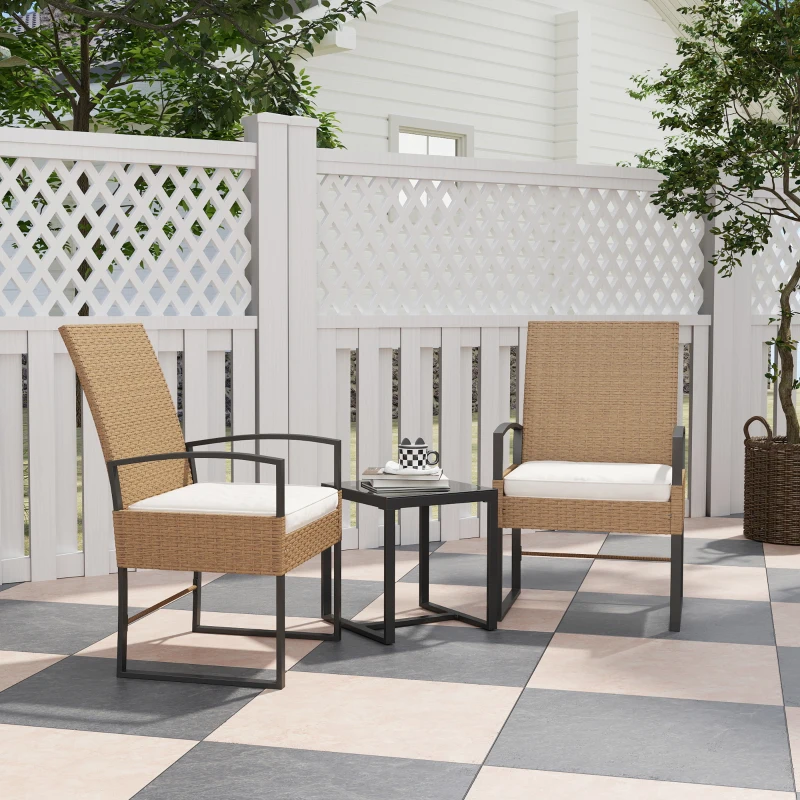 Outsunny Conjunto de Jardim de 3 Peças com 2 Cadeiras e Mesa de Vime com Encosto Ajustável e Bancada de Vidro Bege e Branco