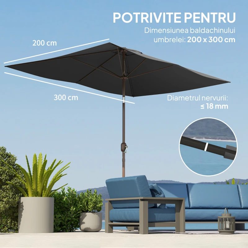 Outsunny Pânză de Schimb pentru Umbrelă Dreptunghiulară 3x2 m cu 6 Spițe, Poliester Anti-UV 50+, Gri