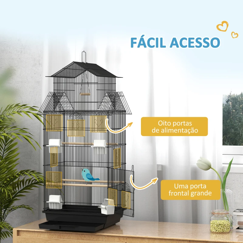 PawHut Gaiola de Metal para Pássaros com Bandeja Amovível 4 Comedouros 3 Poleiros e 1 Baloiço 50,5x41x104 cm Preto