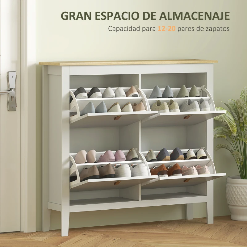 HOMCOM Zapatero Estrecho con 4 Compartimentos y Tiradores de Cuero PU para Pasillo y Recibidor 105x24x95,5 cm Blanco y Madera