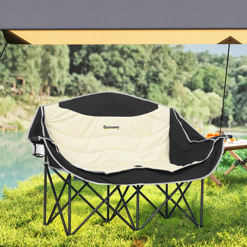 Outsunny Składane krzesło dla 2 osób z uchwytami na napoje i torbą, do 250kg, Khaki