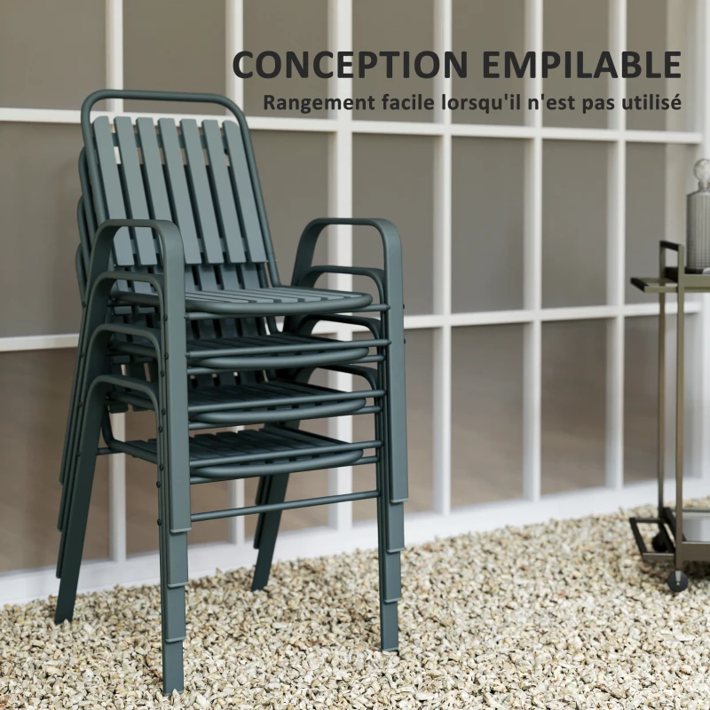Outsunny Lot de 4 chaises de jardin chaises empilables d'extérieur avec haut dossier et accoudoirs cadre en acier 56x66x91cm gris
