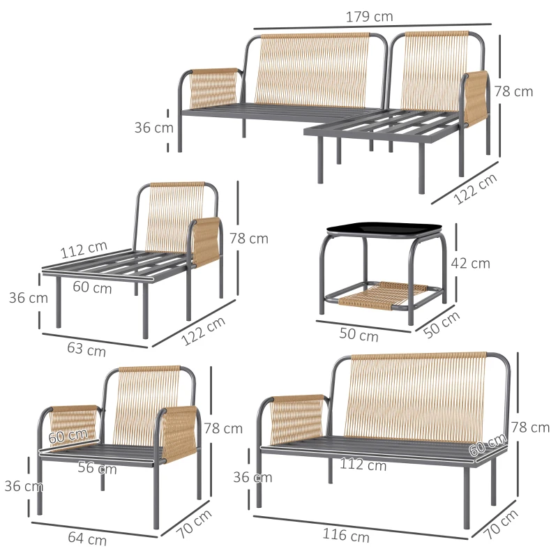 Outsunny Set Mobilier de Grădină din 4 Piese cu Canapea, Fotoliu, Șezlong și Măsuță, 64x70x78 cm, Gri Închis