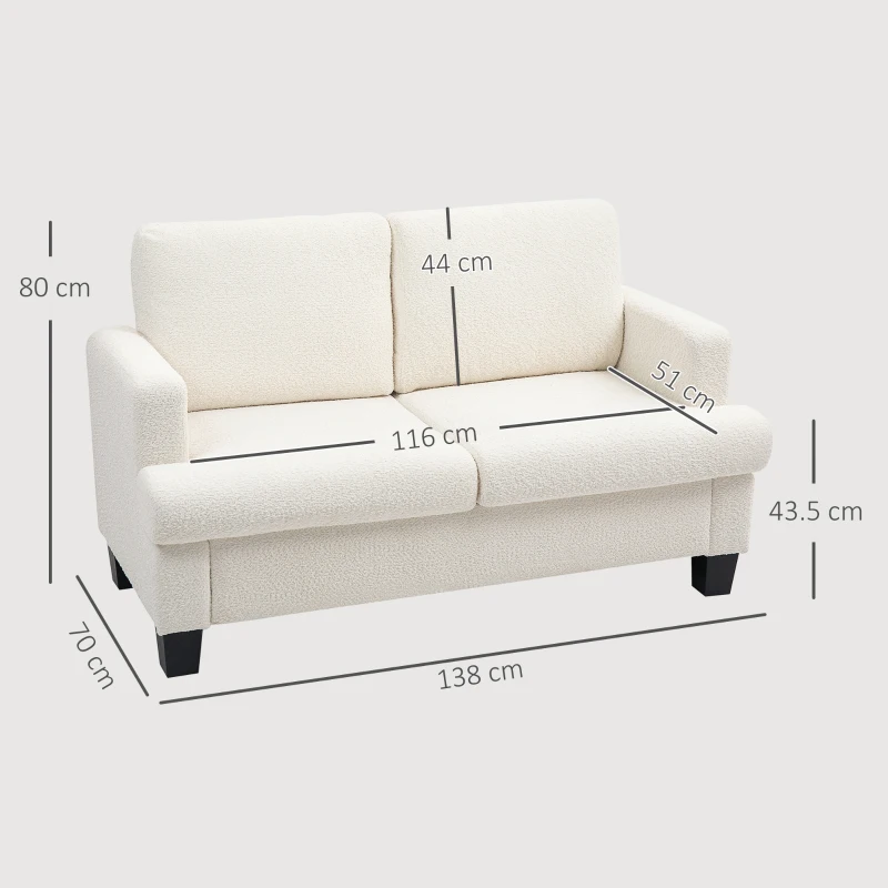 HOMCOM Canapea pentru Două Persoane cu Perne pentru Spate Detașabile, 138x70x80 cm, Alb Crem(m-3)