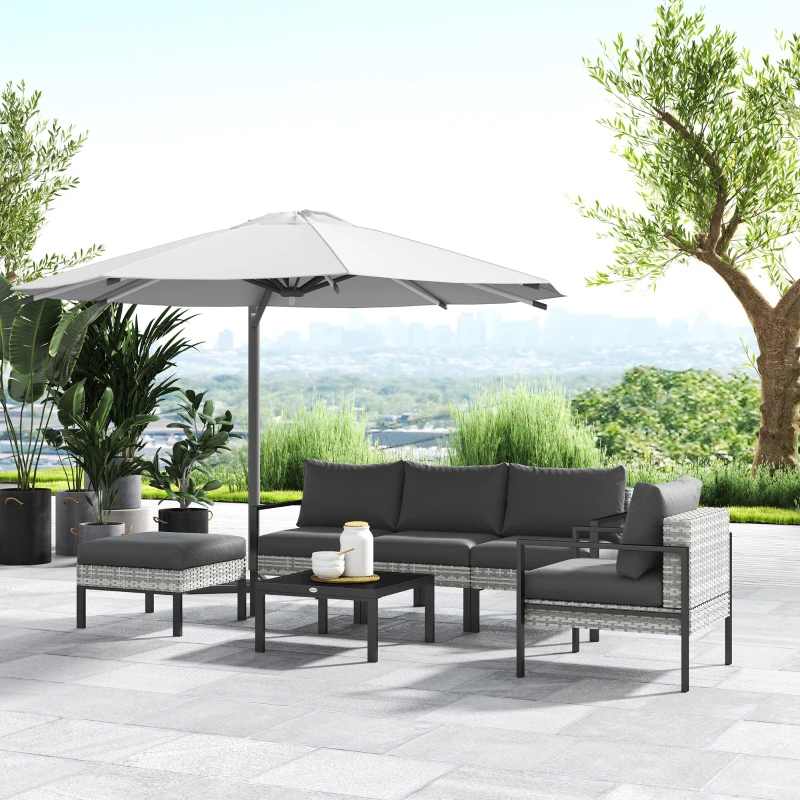 Outsunny Salon de jardin extérieur 5 personnes, salon de balcon en résine tressée avec fauteuils, pouf et table basse gris clair