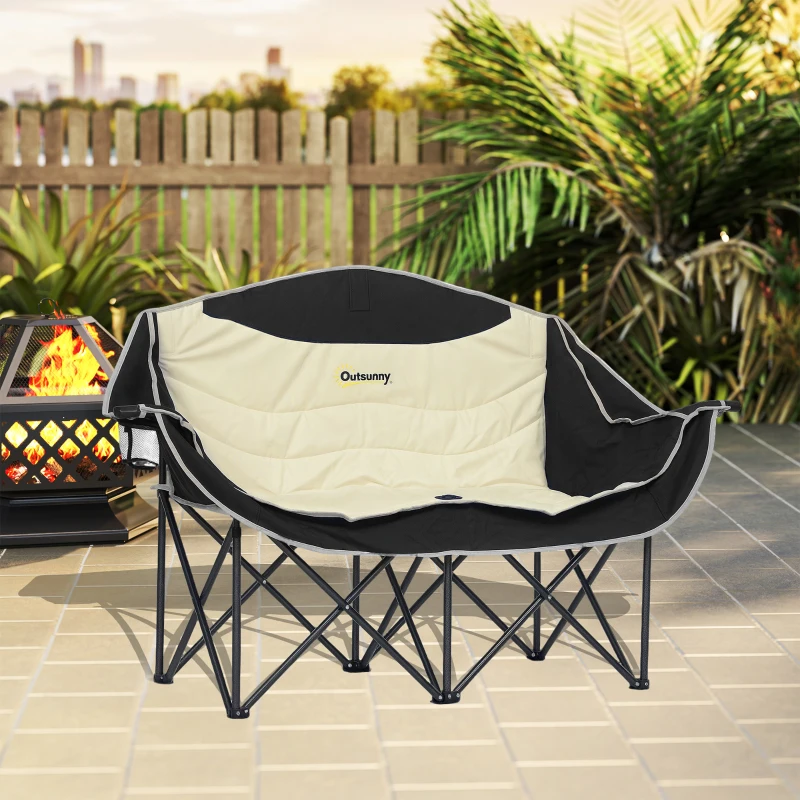 Outsunny Składane krzesło dla 2 osób z uchwytami na napoje i torbą, do 250kg, Khaki