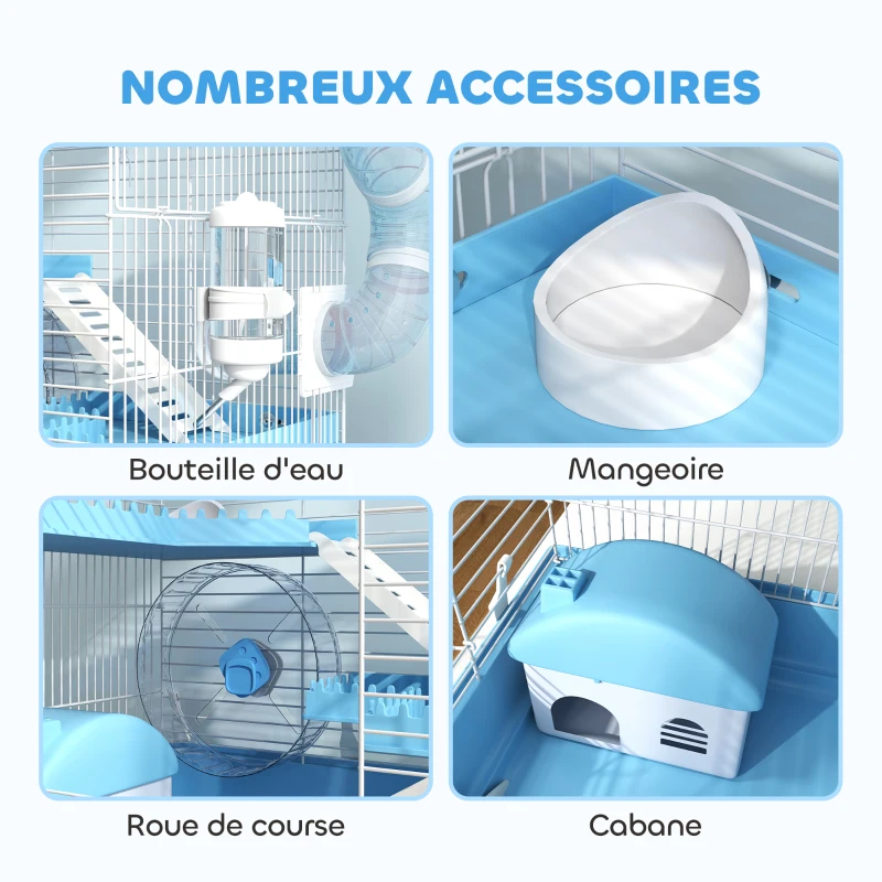 PawHut Cage pour hamster portable avec cabane, roue de course, gamelle, bouteille d'eau, 47,5 x 31,5 x 29,5 cm, bleu clair