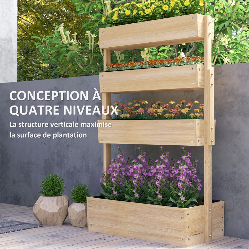 Outsunny Jardinière surélevée en bois avec 4 étages, escalier de fleurs avec doublure, trous de drainage bois naturel