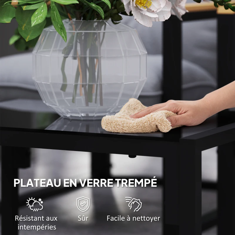 Outsunny Salon de jardin extérieur 4 personnes avec canapé, 2 fauteuils et table basse en verre trempé, coussins inclus, gris