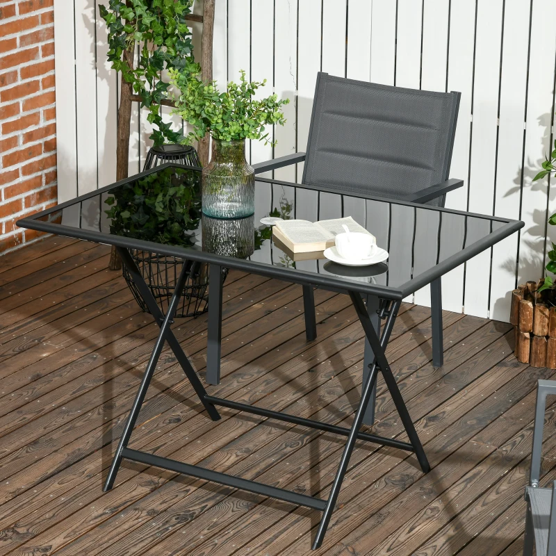 Outsunny Table à manger de jardin pliable avec plateau verre trempé table extérieure avec trou de parasol 110 x 70 x 70 cm noir
