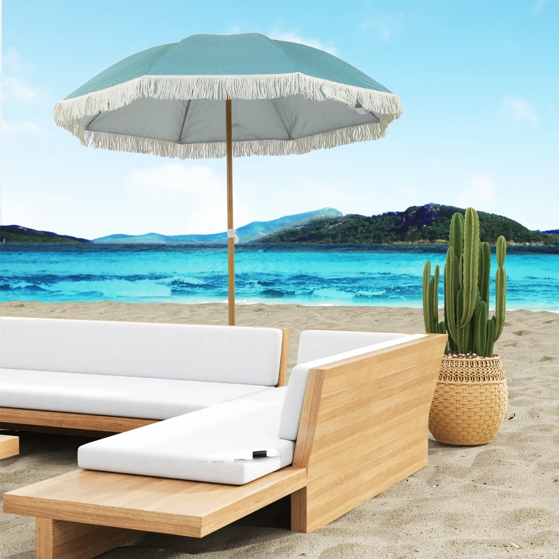 Outsunny Parasol de plage mât effet bois Ø 1,7 m, grand parasol à franges hauteur réglable, UPF50+ sac de transport, bleu clair