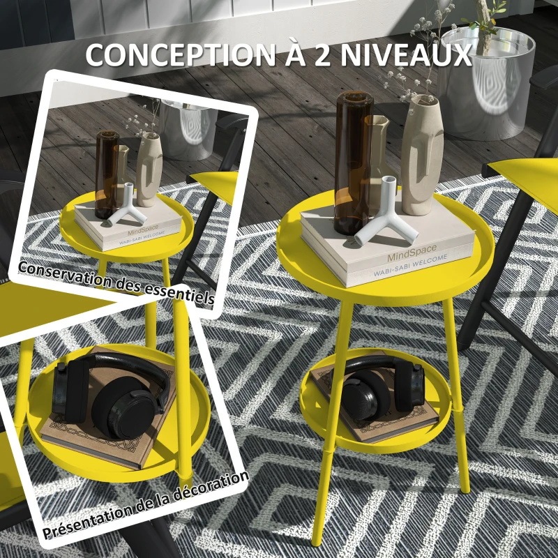 Outsunny Petite table d'appoint ronde à 2 niveaux table de jardin pour terrasse salon balcon en métal Ø 32 x 51 cm jaune