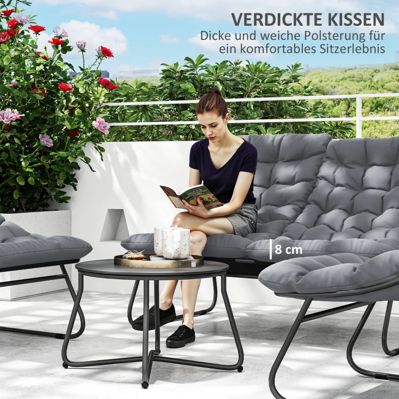 Outsunny 4-Sitzer Gartenmöbel-Set, 2 Stühle, 1 Doppel-Sofa, 1 Tisch, dicke Kissen, Stahlrahmen, für Terrasse, Grau