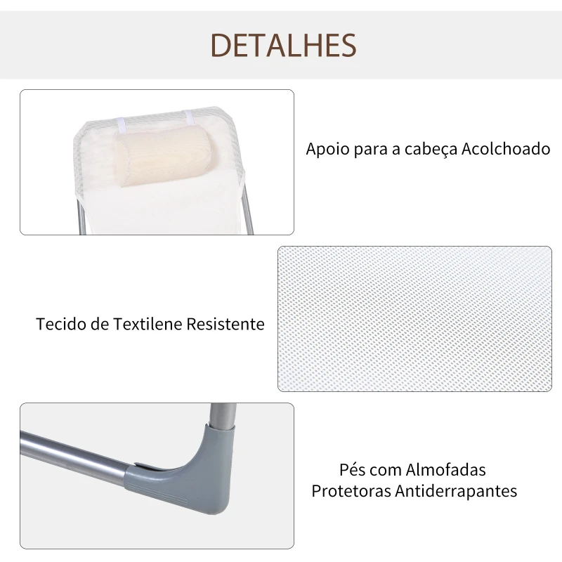 Outsunny Espreguiçadeira dobrável e reclinável de jardim com apoio de cabeça e encosto ajustável em 5 níveis Tecido textilene 182x56x24,5 cm Branco creme