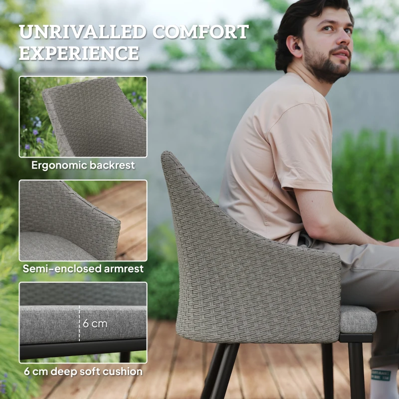 Outsunny 6 Seater Rattan Dining Set with Cushions, Garden Furniture Set with Armchairs, Rectangle Slatted Table Top, Steel Frame, Parasol Hole, Wicker Outdoor Furniture for Patio, Balcony, Grey