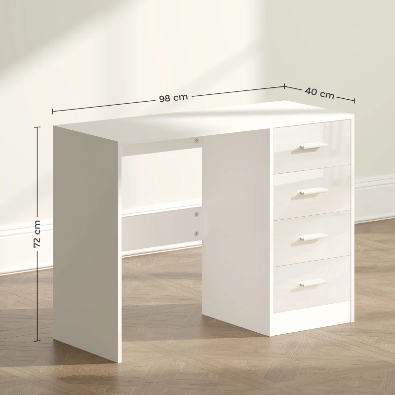 HOMCOM Computer Desk with Drawers, Dressing Table, High Gloss Home Office Writing Workstation, White
