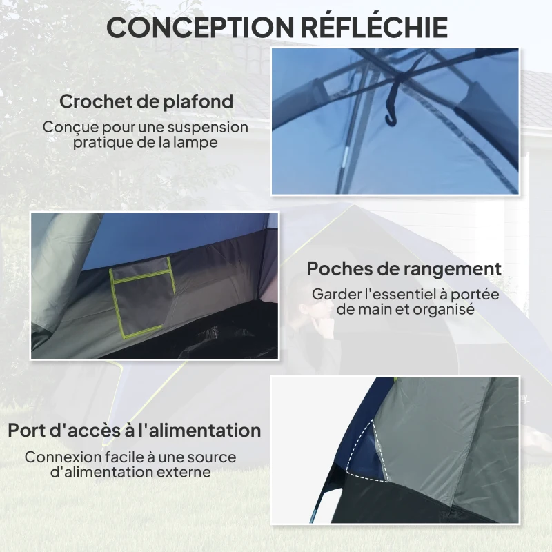 Outsunny Tente de camping 2-4 personnes, tente dôme familiale imperméable, avec fenêtre, 2 poches, sac de transport, bleu foncé