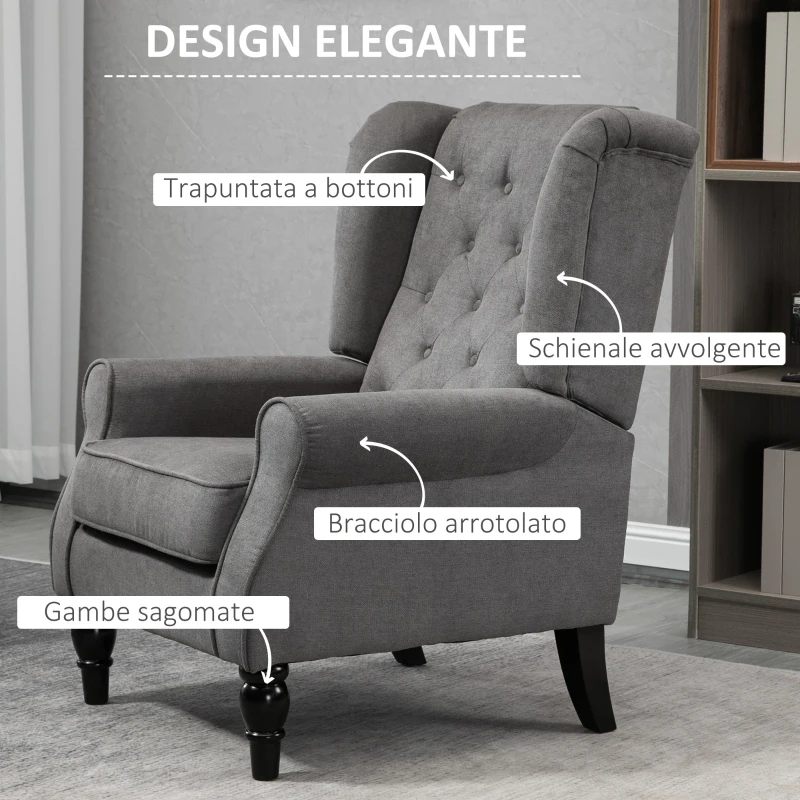 HOMCOM Poltrona da Salotto Stile Francese con Gambe in Legno e Cuscini Sfoderabili, 74x86x102 cm, Grigio