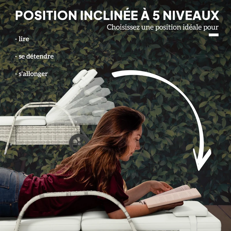 Outsunny Lot de 2 transats bains de soleil : matelas, têtière, inclinaison réglable roulettes + table basse verre trempé crème