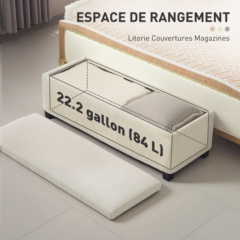 HOMCOM Banc de rangement bout de lit en velours côtelé avec couvercle, pour salon, chambre, entrée, 112 x 42 x 40 cm, beige