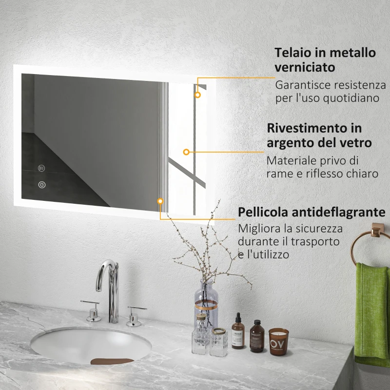 kleankin Specchio Bagno con Luci LED Regolabili, Controllo Touch e Antiappannamento, 70x50 cm