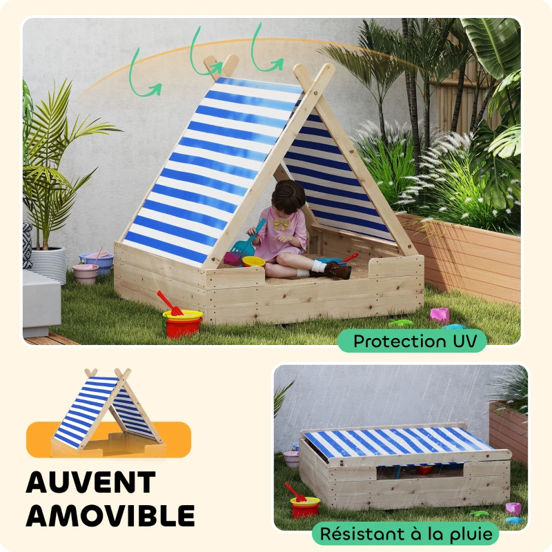 AIYAPLAY Bac à sable en bois pour enfants 3-6 ans, auvent amovible, résistant aux intempéries, 120 x 120 x 126,5 cm, bois naturel