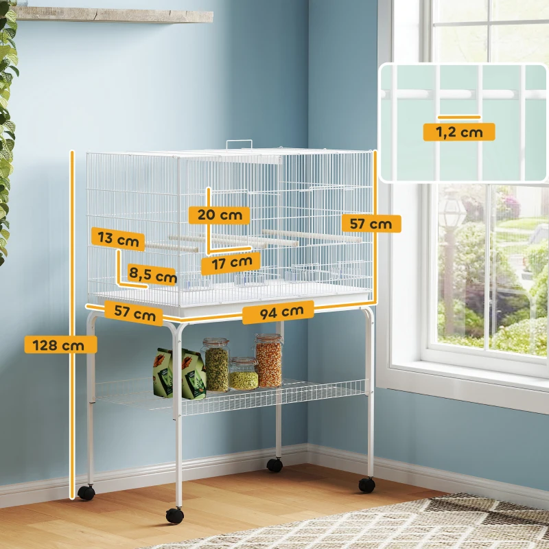 PawHut Gaiola para Pássaros com Divisória Rodas Gaiola para Aves com Comedouros Poleiros e Bandeja Removível 94x57x128 cm Branco