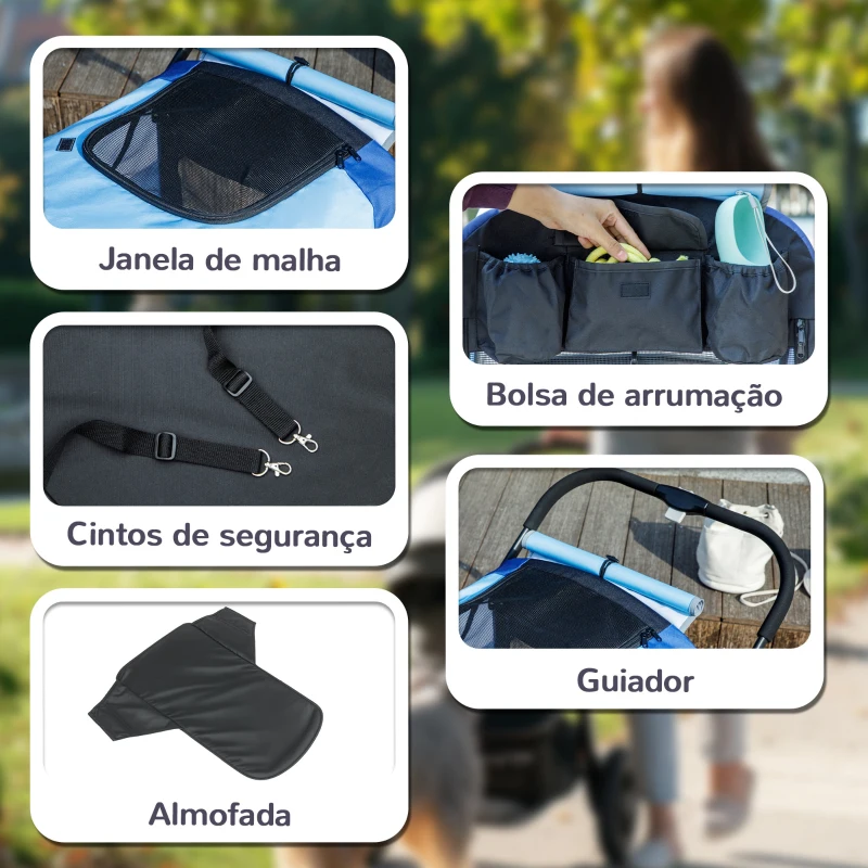 PawHut Carrinho para Cães Dobrável com Rodas Grandes Correias de Segurança Estrutura Amortecedora Almofada Lavável 124x67x100 cm Azul