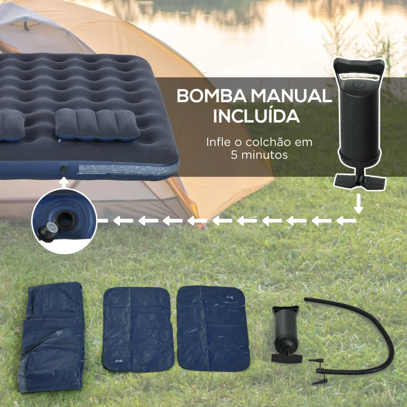 Outsunny Colchão Insuflável Duplo 191x137x22 cm com Inflador Manual Colchão Insuflável Reforçado com 2 Almofadas Integrada Azul