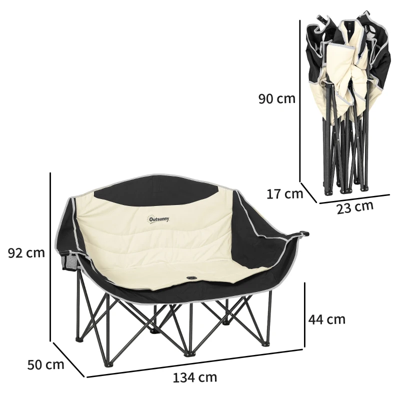 Outsunny Składane krzesło dla 2 osób z uchwytami na napoje i torbą, do 250kg, Khaki