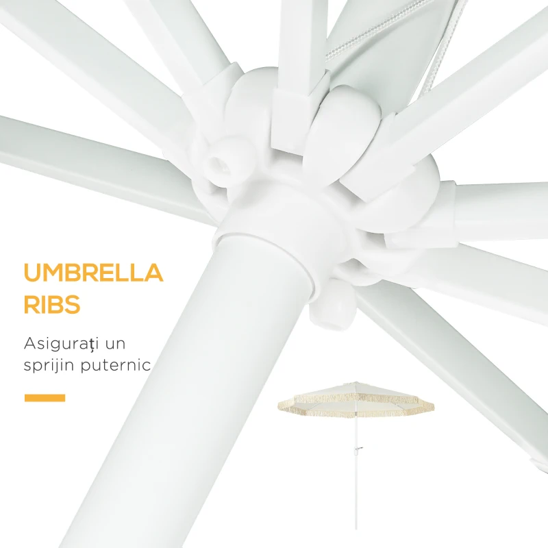 Outsunny Umbrelă de Grădină Înclinabilă cu Franjuri, Manivelă şi Tijă în 2 Secţiuni, Ø2.65x2.45 m, Alb