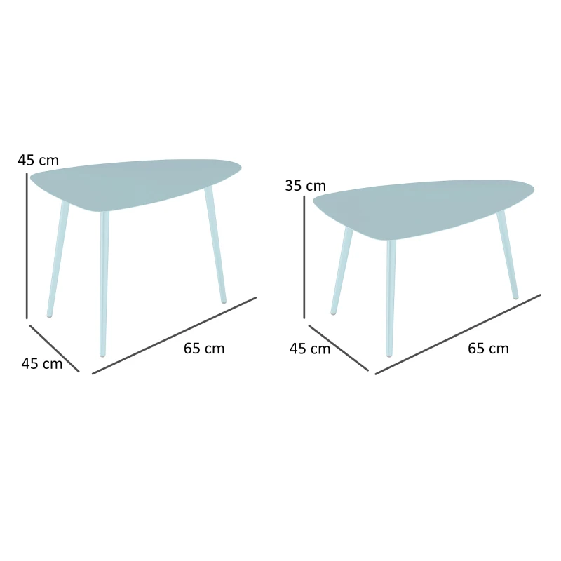 Outsunny Lot de 2 tables basses de jardin, tables d'appoint gigognes triangulaires, cadre en acier patins ajustables bleu clair