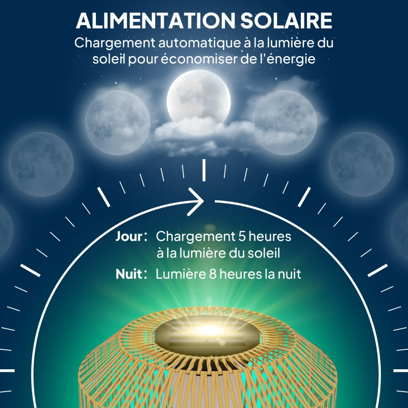 Outsunny Lampadaire solaire extérieur en résine tressée, lampadaire sans fil rechargeable avec capteur de lumière, Ø30x55cm jaune