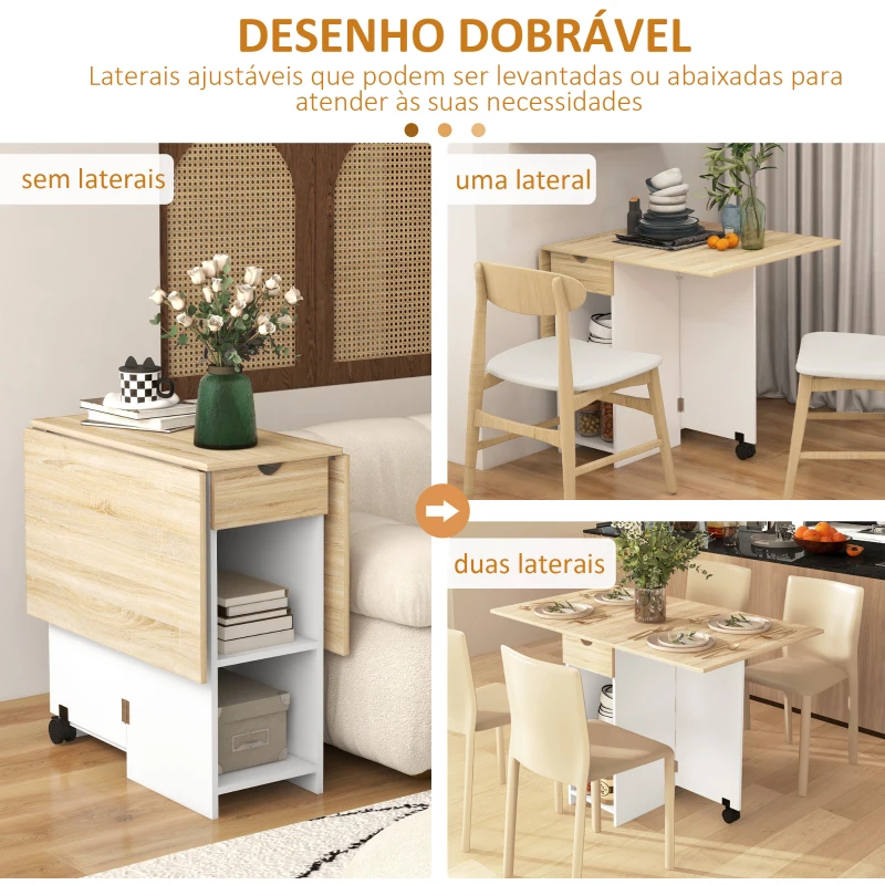 HOMCOM Mesa de Cozinha Dobrável com Rodas Laterais Rebatíveis Gaveta e Prateleiras para 2-4 Pessoas 120x72x75 cm Madeira Branco